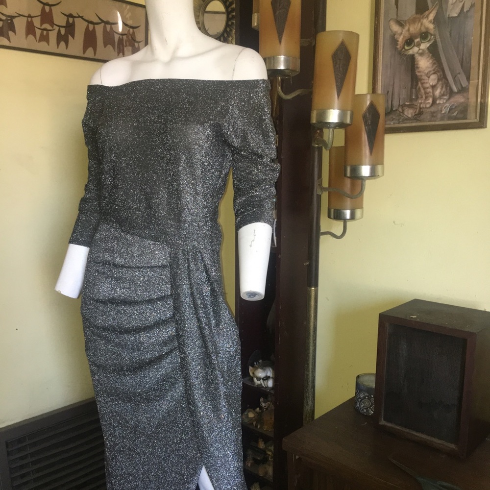 Vintage ladies silver glitter sparkle glamour prom evening party dress gown - Picture 2 of 6